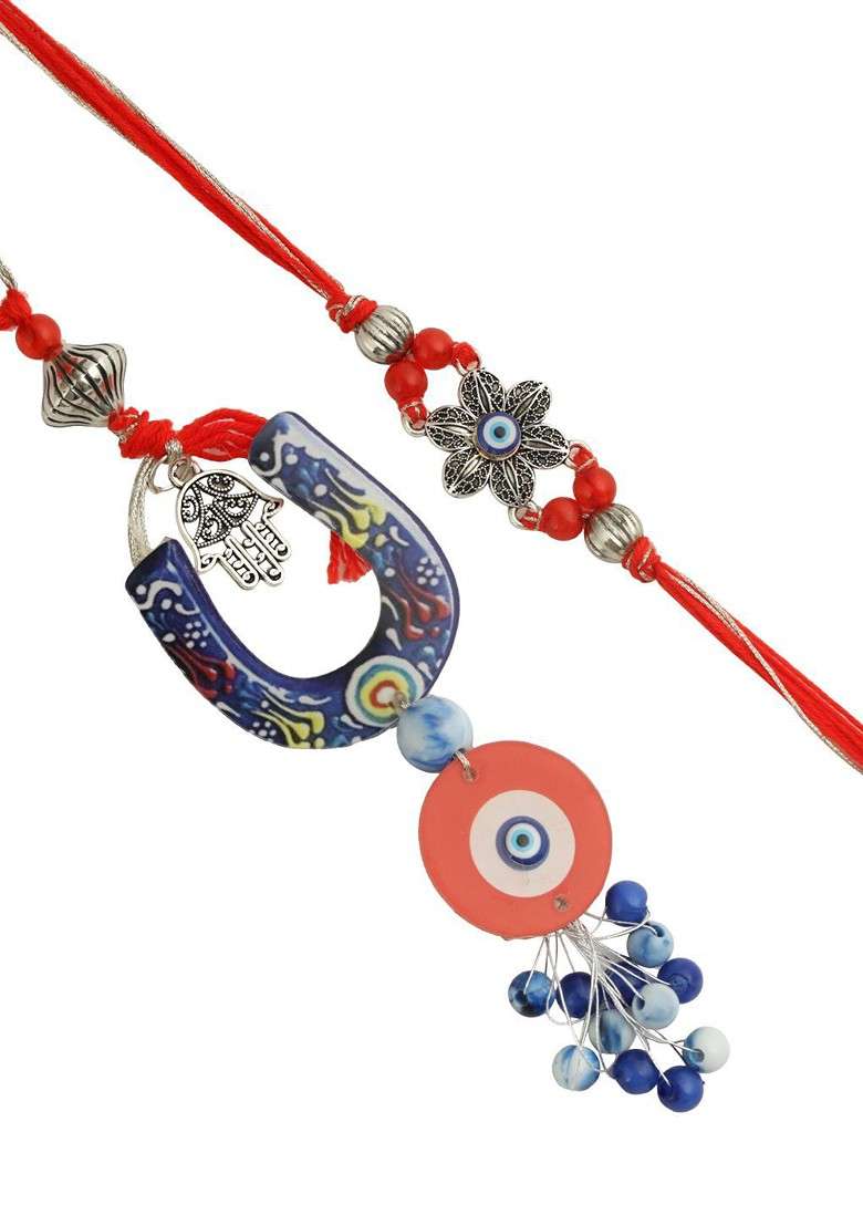 Floral Evil Eye Bhaiya Bhabhi Rakhi With Roli Chawal And Greetings Card - Indya