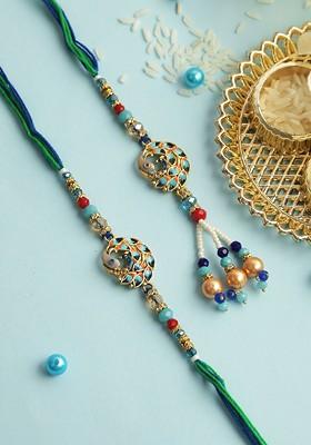 Set Of 2 Stone Studded And Beaded Thread Rakhis