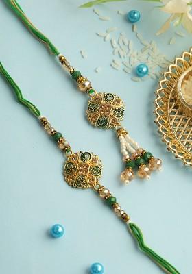 Set Of 2 Bhaiya Bhabhi Thread Rakhis With Roli Chawal And Greetings Card