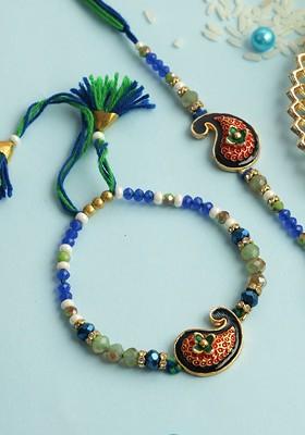 Set Of 2 Mango Designed Thread Rakhi With Roli Chawal And Greetings Card