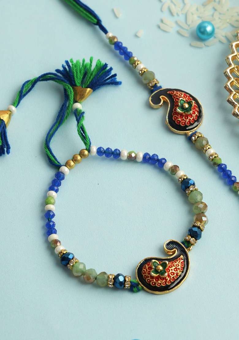 Set Of 2 Mango Designed Thread Rakhi With Roli Chawal And Greetings Card - Indya