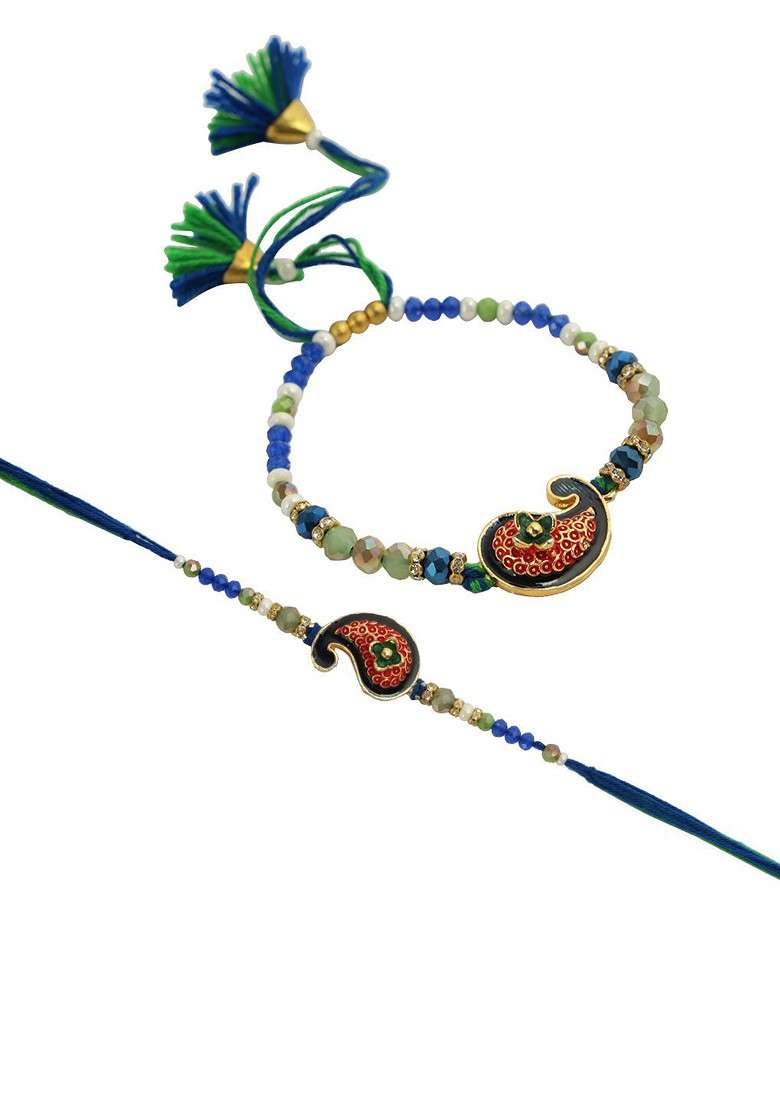 Set Of 2 Mango Designed Thread Rakhi With Roli Chawal And Greetings Card - Indya