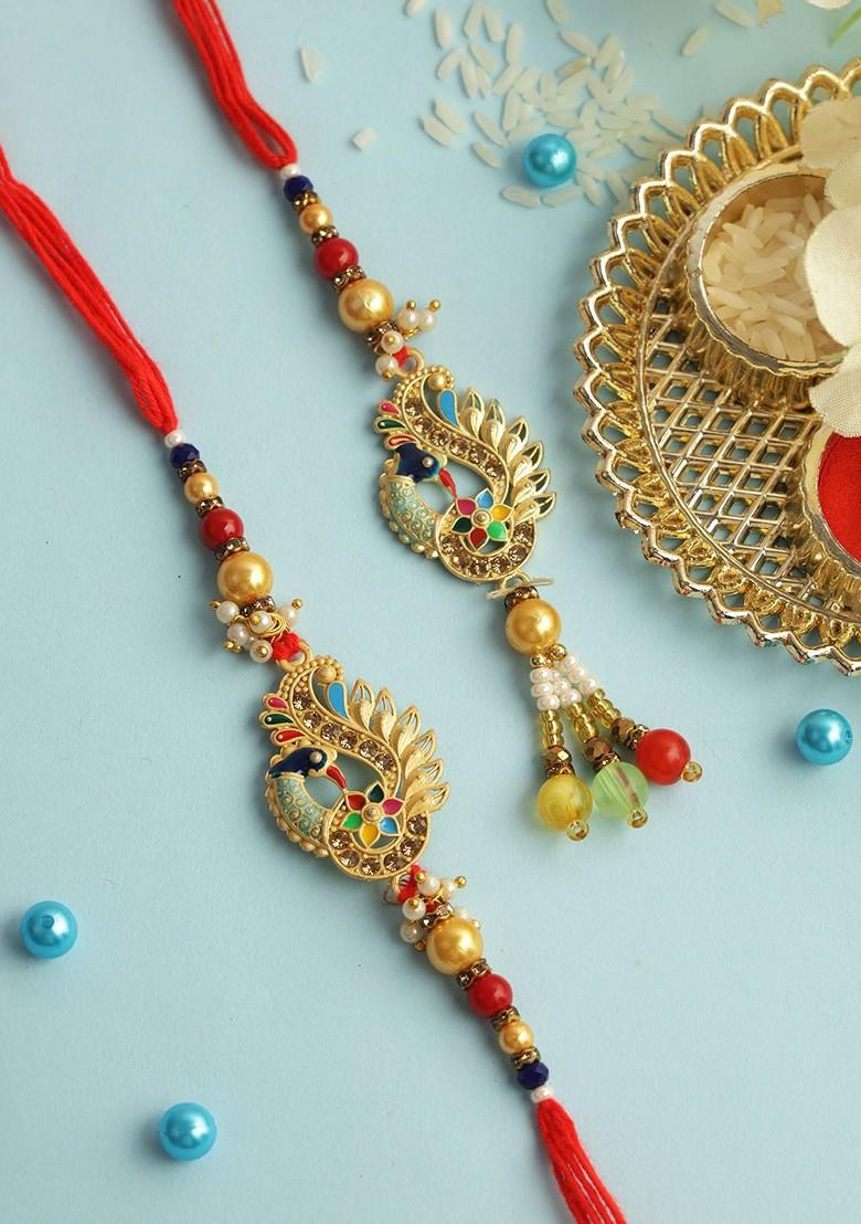 Peacock Bead Work Bhaiya Bhabhi Rakhi With Roli Chawal And Greetings Card