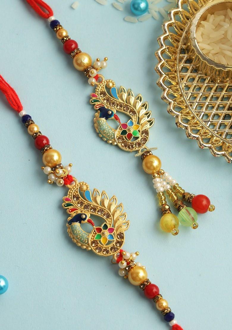 Peacock Bead Work Bhaiya Bhabhi Rakhi With Roli Chawal And Greetings Card