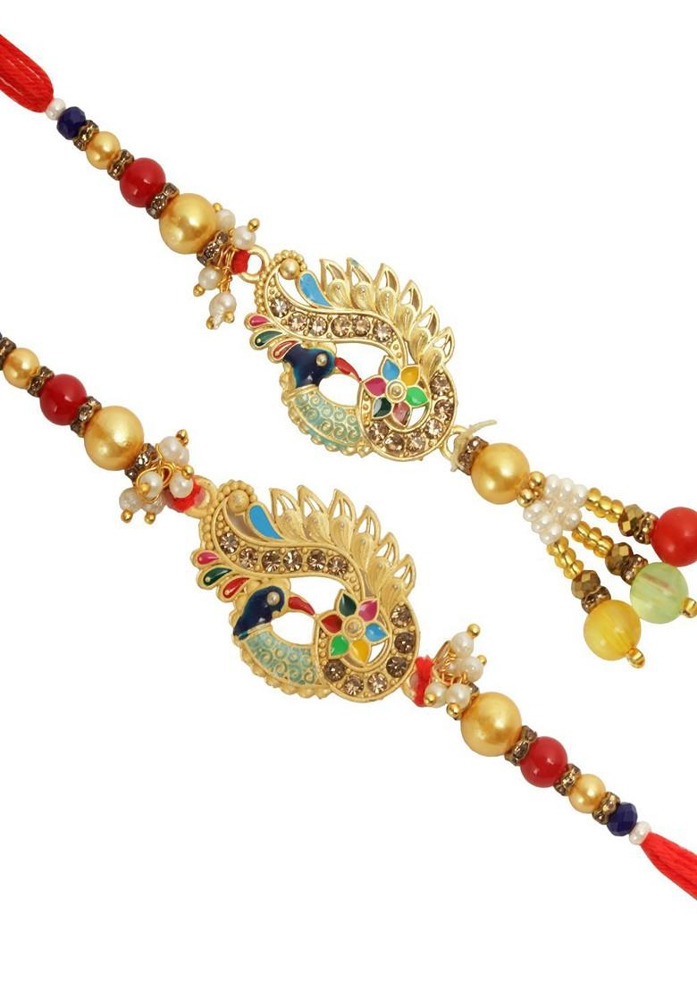 Peacock Bead Work Bhaiya Bhabhi Rakhi With Roli Chawal And Greetings Card