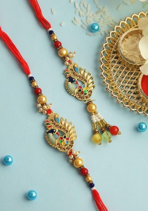 Peacock Bead Work Bhaiya Bhabhi Rakhi With Roli Chawal And Greetings Card