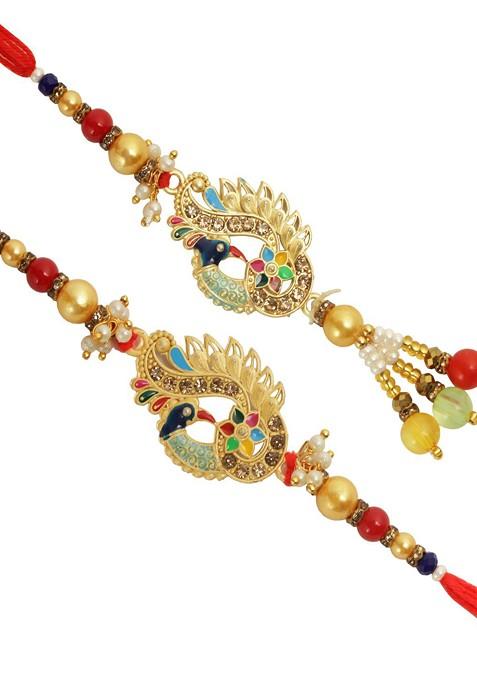 Peacock Bead Work Bhaiya Bhabhi Rakhi With Roli Chawal And Greetings Card