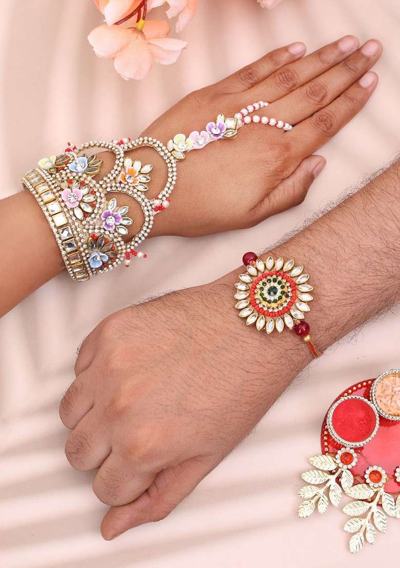 Set Of 2 Stone Studded And Beaded Bhaiya Bhabhi Rakhi With Roli Chawal - Indya