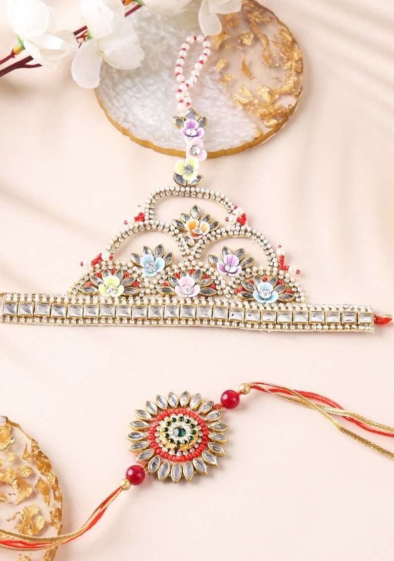 Set Of 2 Stone Studded And Beaded Bhaiya Bhabhi Rakhi With Roli Chawal - Indya