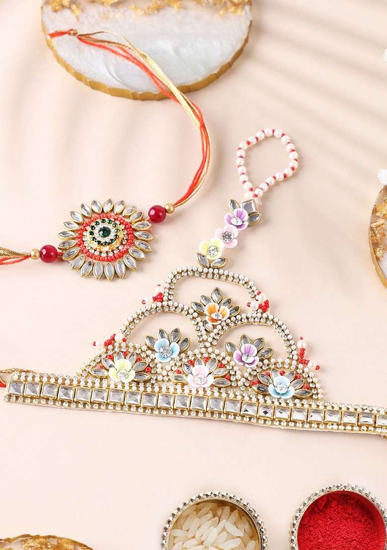 Set Of 2 Stone Studded And Beaded Bhaiya Bhabhi Rakhi With Roli Chawal - Indya