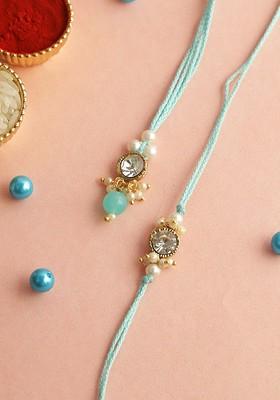 Set Of 2 Pearl Beaded Bhaiya Bhabhi Rakhi With Roli Chawal And Greeting Card