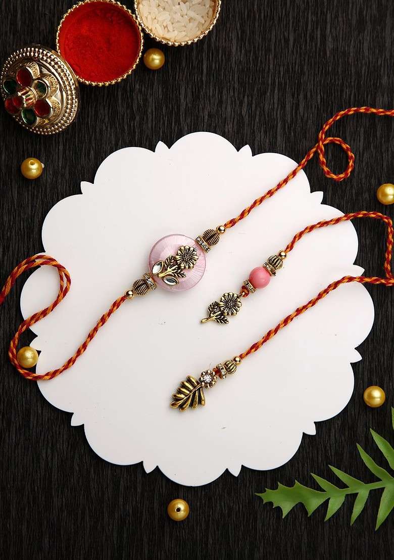 Set Of 3 Floral Bhaiya Bhabhi Rakhi With Roli Chawal And Greeting Card - Indya