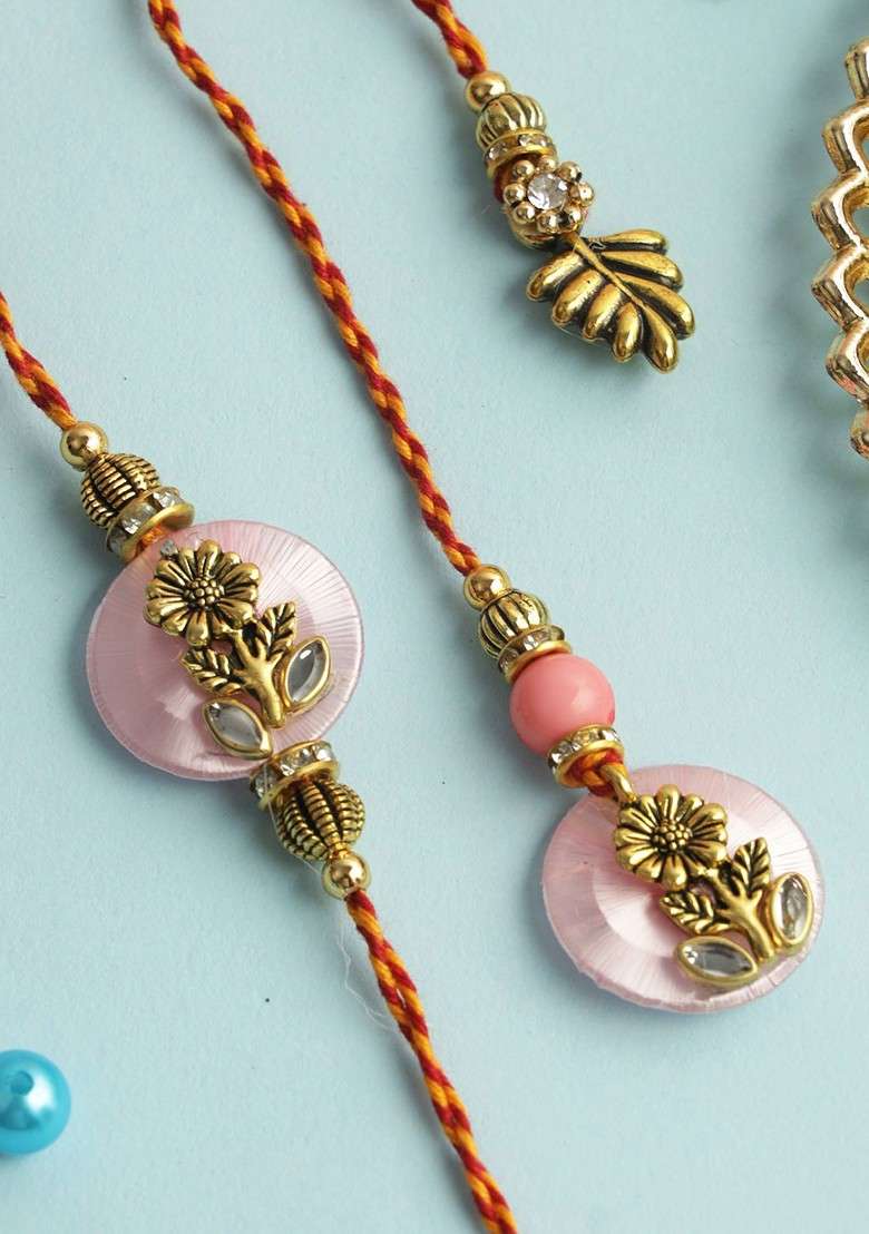 Set Of 3 Floral Bhaiya Bhabhi Rakhi With Roli Chawal And Greeting Card - Indya