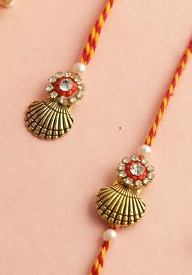 Set Of 2 Stone Studs Bhaiya Bhabhi Rakhi With Roli Chawal And Greeting Card