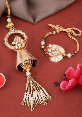 Gold Plated Beaded And Stone Studded Bhaiya Bhabhi Rakhis With Roli Chawal
