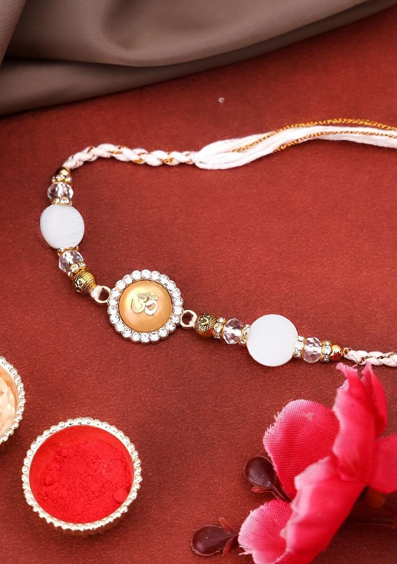Gold Plated Om Shaped Beaded With Stone Studded Thread Rakhi With Roli Chawal - Indya