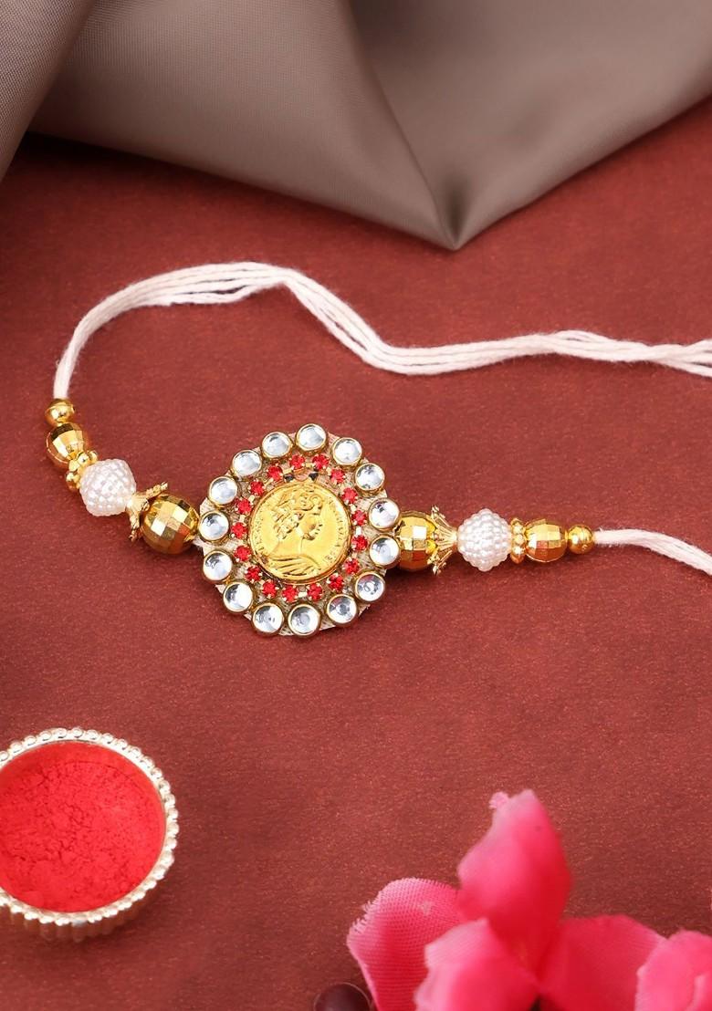 Gold Plated Stone Studded Beaded Thread Rakhi With Roli Chawal