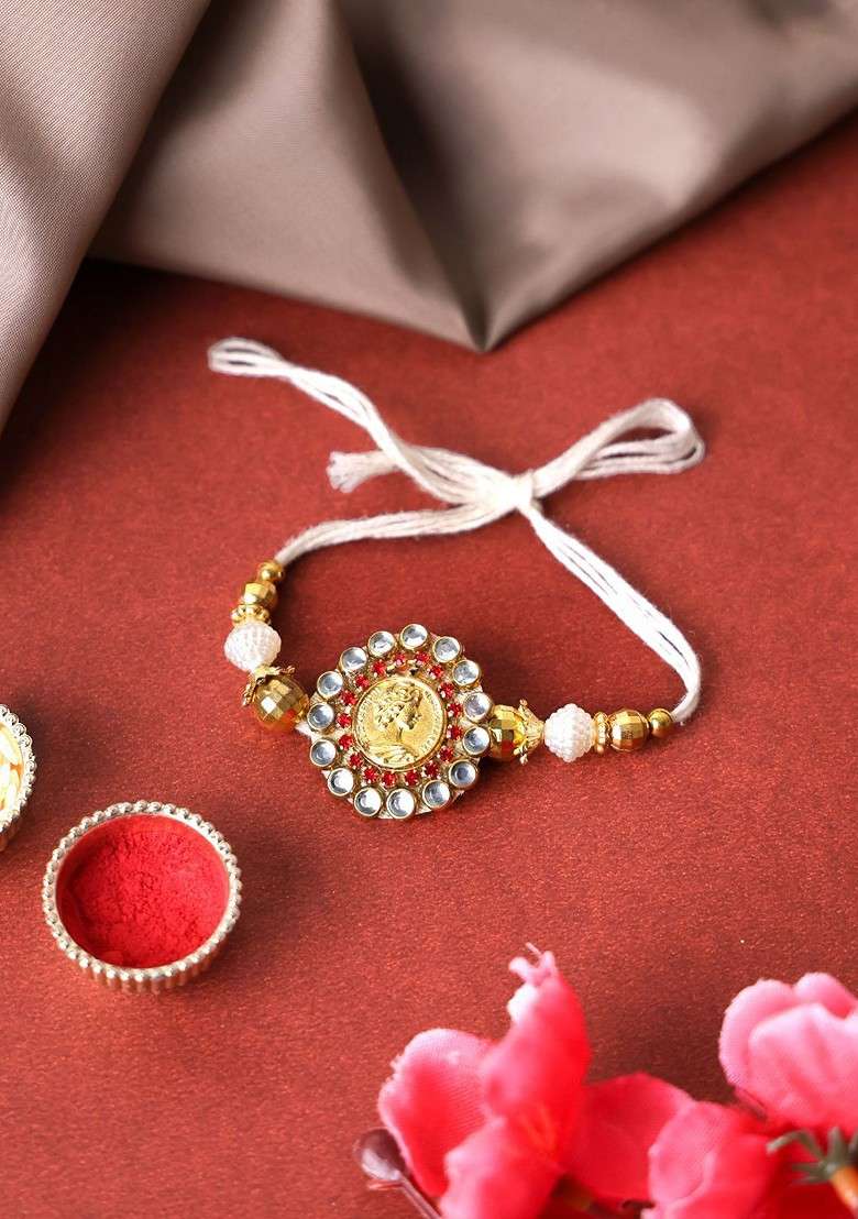 Gold Plated Stone Studded Beaded Thread Rakhi With Roli Chawal - Indya