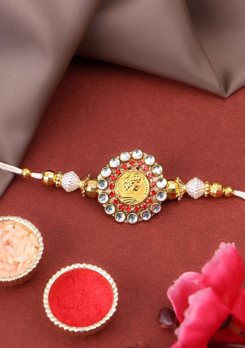 Gold Plated Stone Studded Beaded Thread Rakhi With Roli Chawal
