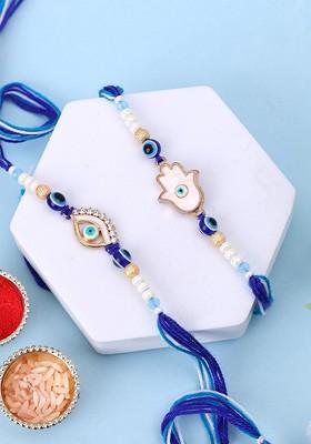 Set Of 2 Gold Plated Stone Studded Thread Rakhis With Roli Chawal
