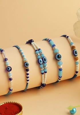Set Of 5 Evil Eye Beaded Rakhi With Roli Chawal And Greeting Card