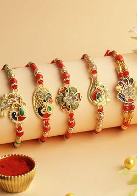 Set Of 5 Stone Studded And Beaded Rakhis With Roli Chawal And Greetings Card
