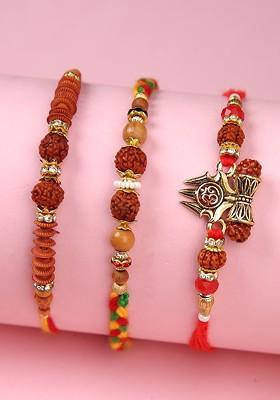 Set Of 3 Divine Rudraksh Beaded Rakhi With Roli Chawal And Greeting Card