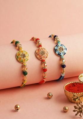 Set Of 3 Stoned Studded Enameled Rakhi With Roli Chawal And Greeting Card