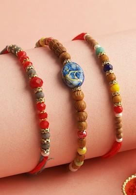 Set Of 3 Beaded Rakhi With Roli Chawal And Greeting Card