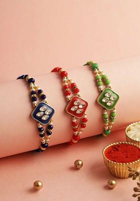 Set Of 3 Stoned Studded Rakhi With Roli Chawal And Greeting Card
