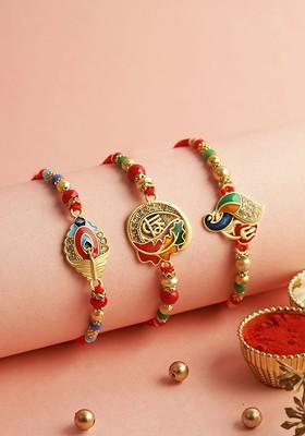 Set Of 3 Stone Studded And Beaded Rakhis With Roli Chawal And Greetings Card