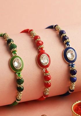 Set Of 3 Stoned Studded Rakhi With Roli Chawal And Greeting Card