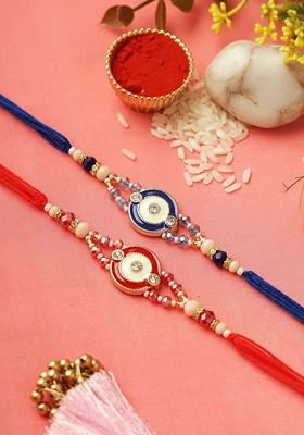 Set Of 2 Stone Studded And Beaded Rakhis With Roli Chawal And Greetings Card