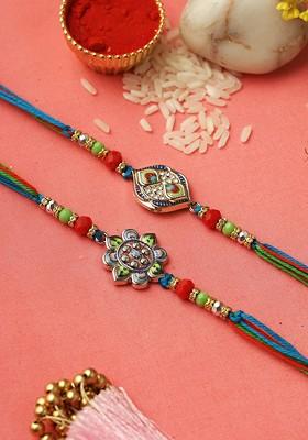 Set Of 2 Floral Rakhi With Roli Chawal And Greeting Card