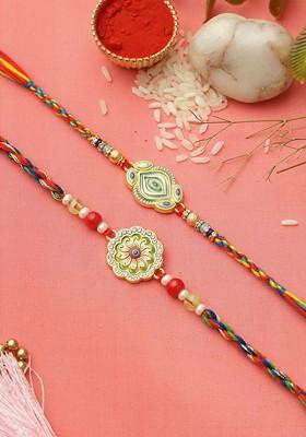 Set Of 2 Floral Beaded Rakhi With Roli Chawal And Greeting Card