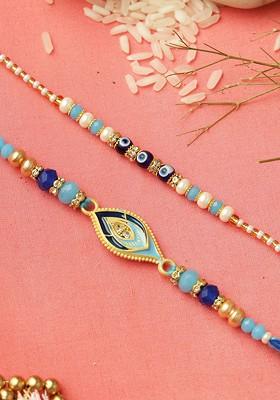 Set Of 2 Evil Eye Beaded Rakhi With Roli Chawal And Greeting Card