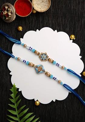 Set Of 2 Floral Enameled Beaded Rakhi With Roli Chawal And Greeting Card