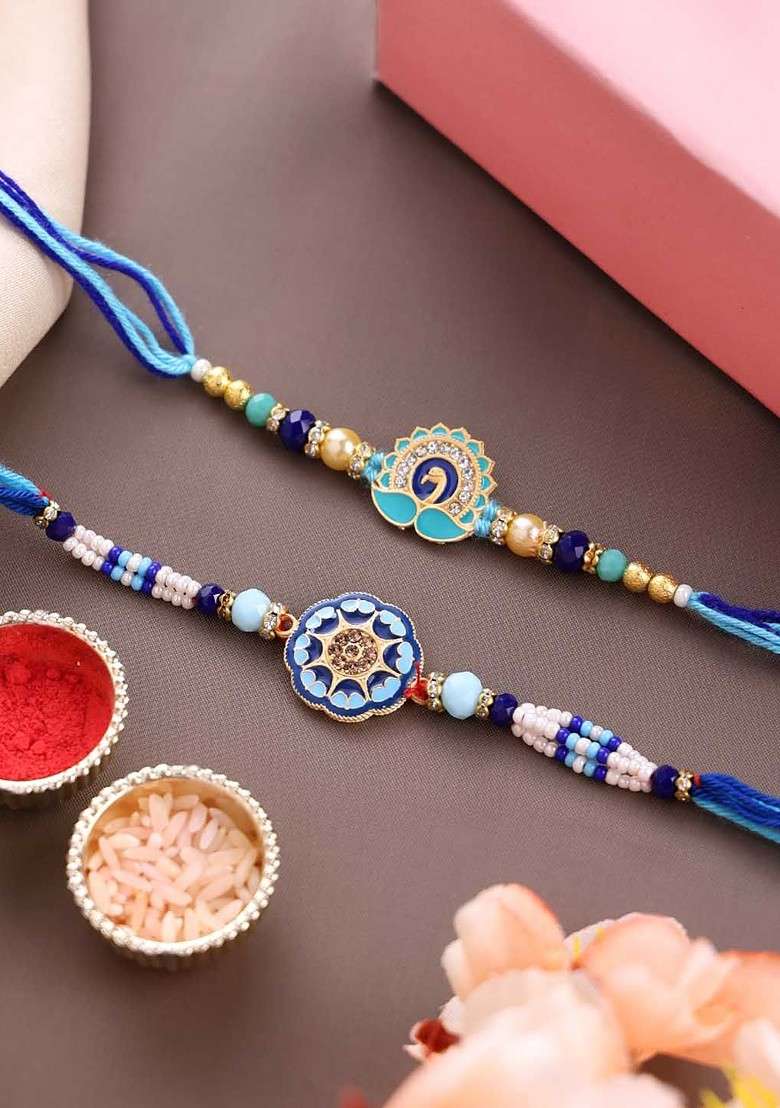 Set Of 2 Gold Plated Beaded Thread Rakhi With Roli Chawal - Indya