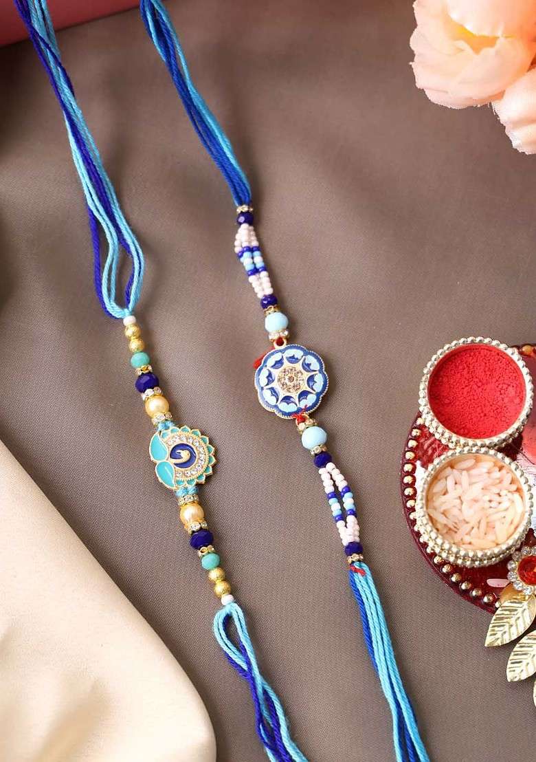 Set Of 2 Gold Plated Beaded Thread Rakhi With Roli Chawal - Indya