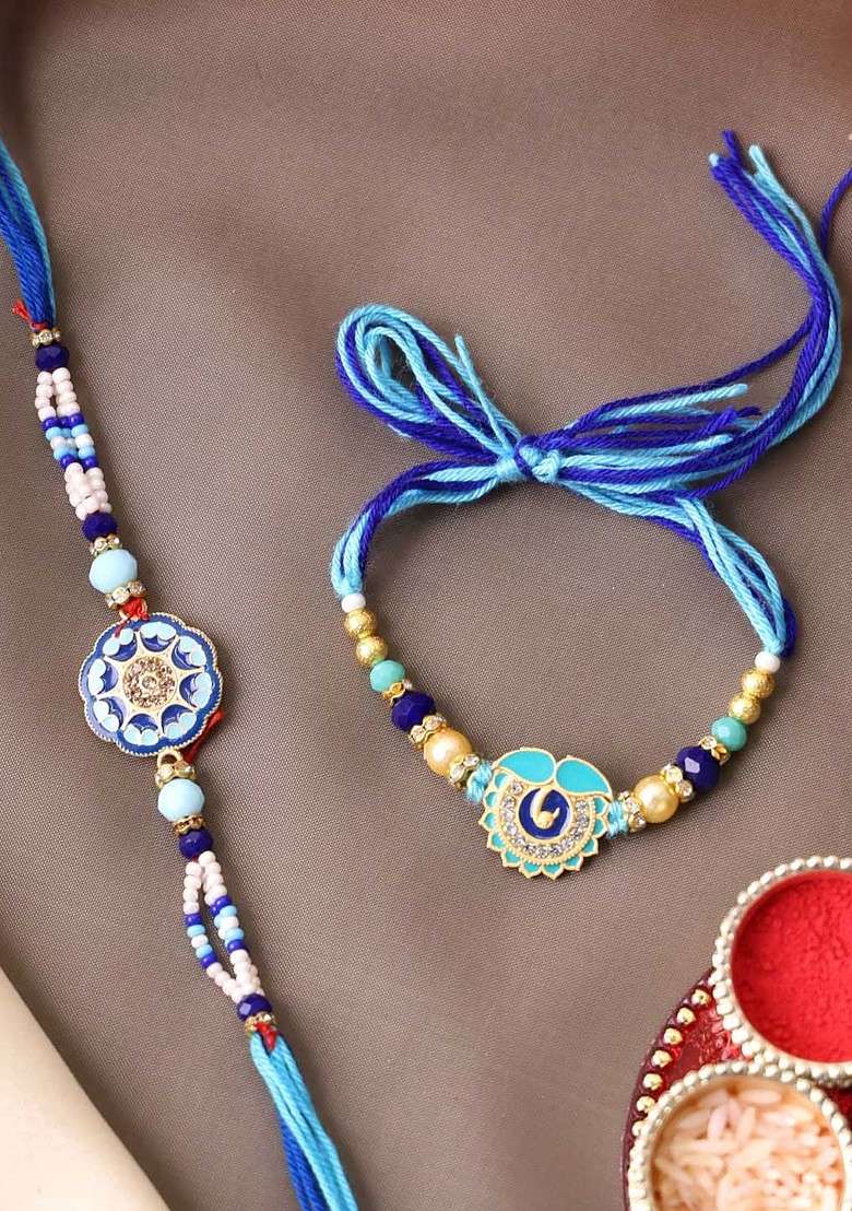Set Of 2 Gold Plated Beaded Thread Rakhi With Roli Chawal - Indya