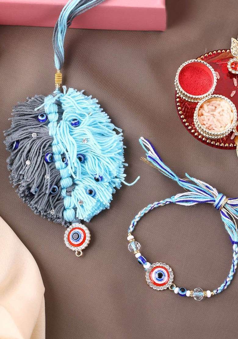 Set Of 2 Gold Plated Beaded With Stone Studded Thread Rakhi With Roli Chawal - Indya