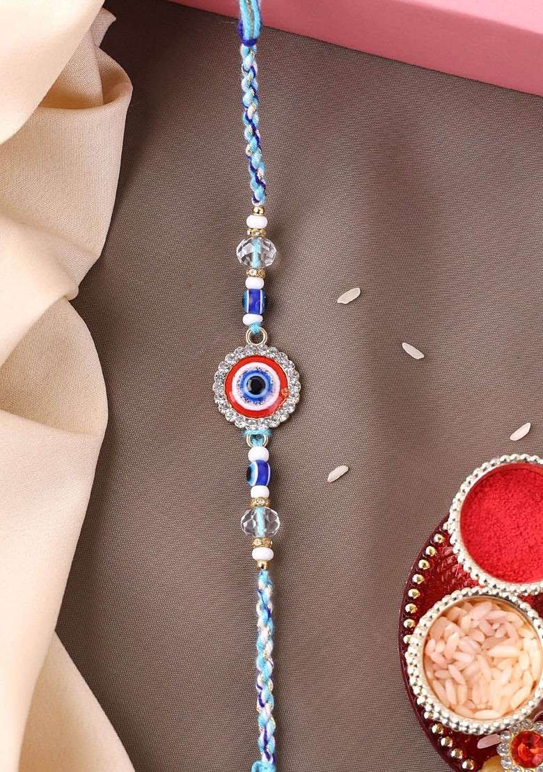 Set Of 2 Gold Plated Beaded With Stone Studded Thread Rakhi With Roli Chawal - Indya