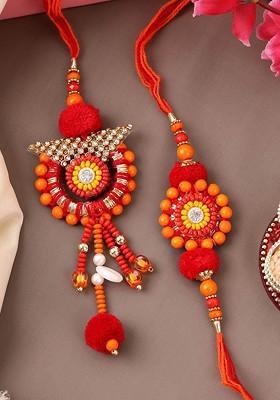 Gold Plated Beaded With Stone Studded Thread Bhaiya Bhabhi Rakhis With Roli Chawal