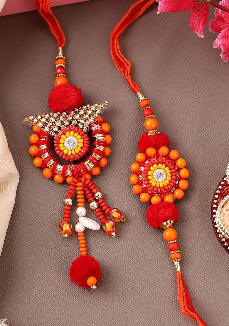 Gold Plated Beaded With Stone Studded Thread Bhaiya Bhabhi Rakhis With Roli Chawal - Indya