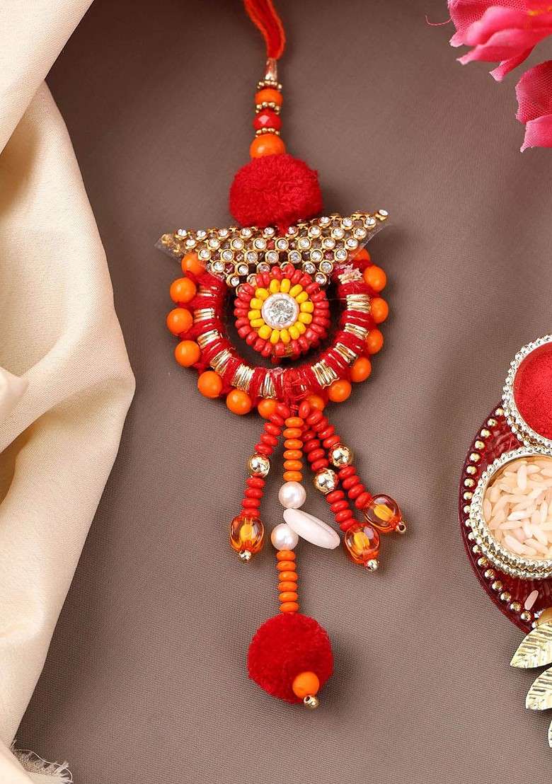 Gold Plated Beaded With Stone Studded Thread Bhaiya Bhabhi Rakhis With Roli Chawal - Indya