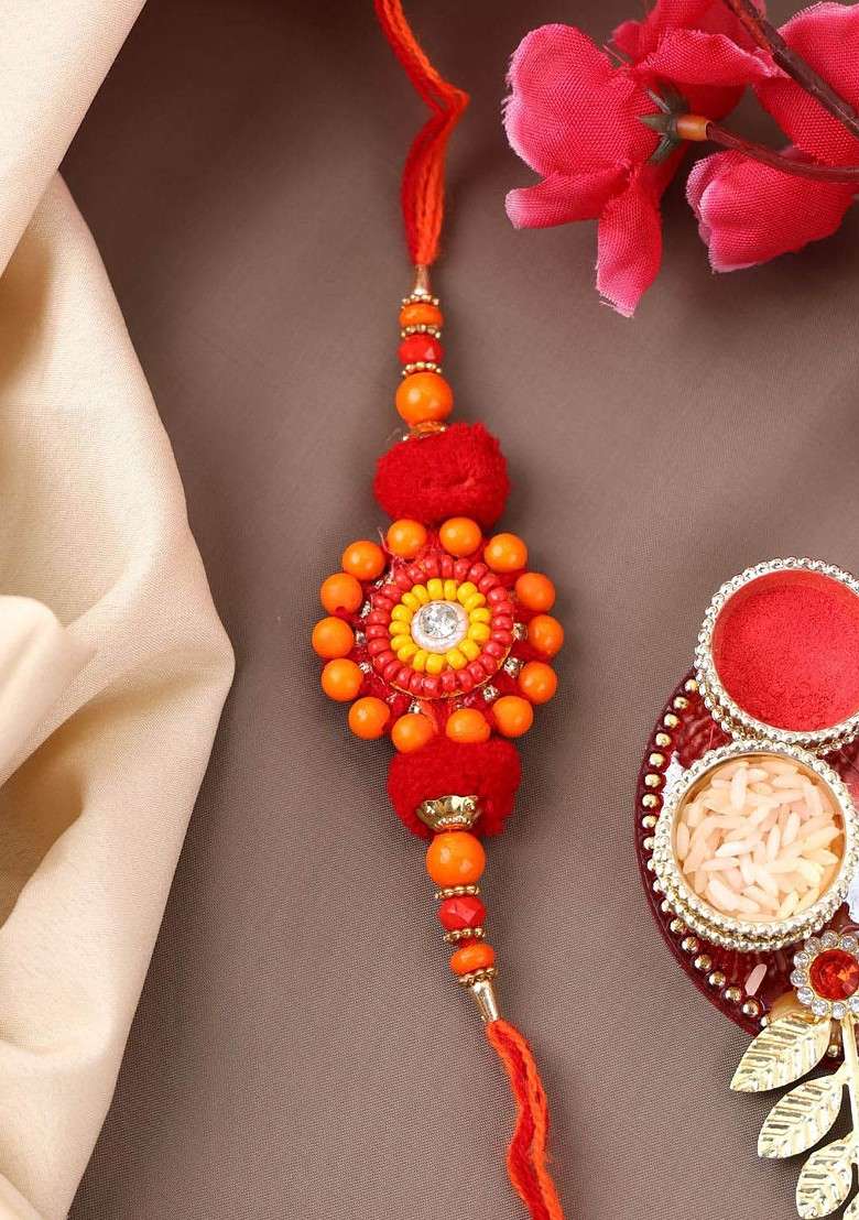 Gold Plated Beaded With Stone Studded Thread Bhaiya Bhabhi Rakhis With Roli Chawal - Indya