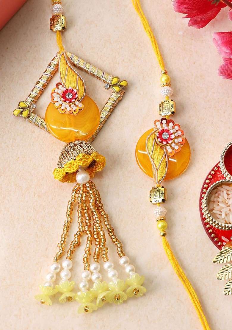 Gold Plated Beaded With Stone Studded Thread Bhaiya Bhabhi Rakhis With Roli Chawal - Indya