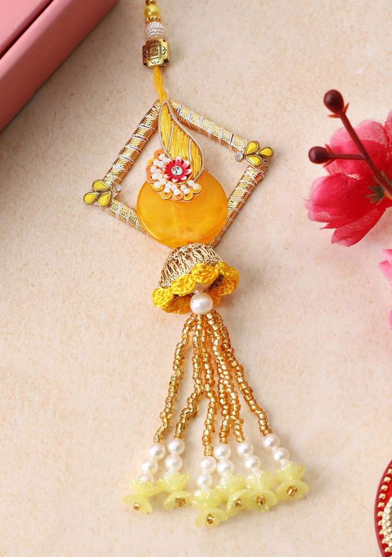 Gold Plated Beaded With Stone Studded Thread Bhaiya Bhabhi Rakhis With Roli Chawal - Indya