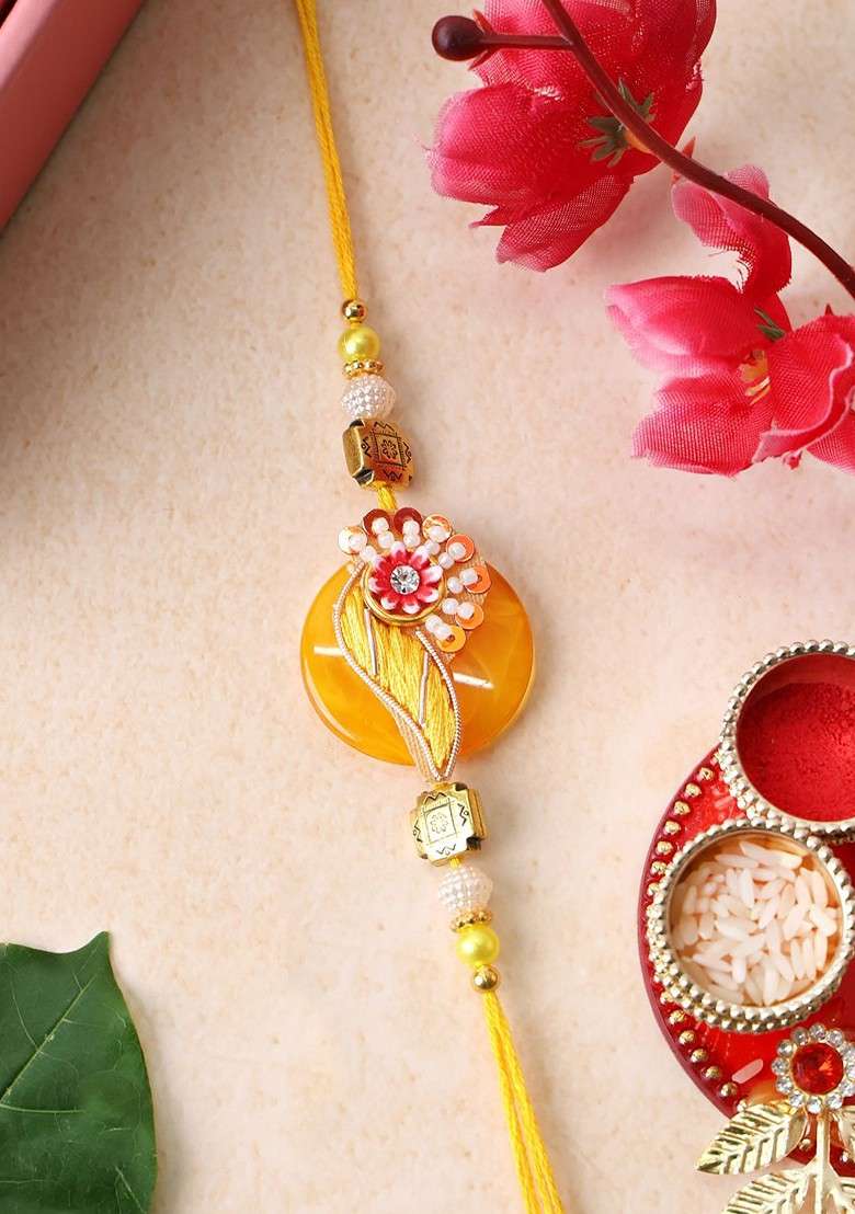 Gold Plated Beaded With Stone Studded Thread Bhaiya Bhabhi Rakhis With Roli Chawal - Indya