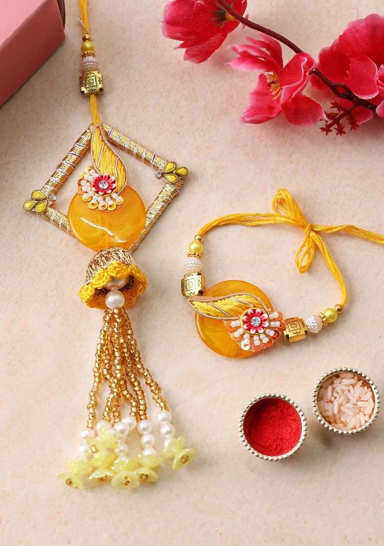 Gold Plated Beaded With Stone Studded Thread Bhaiya Bhabhi Rakhis With Roli Chawal - Indya